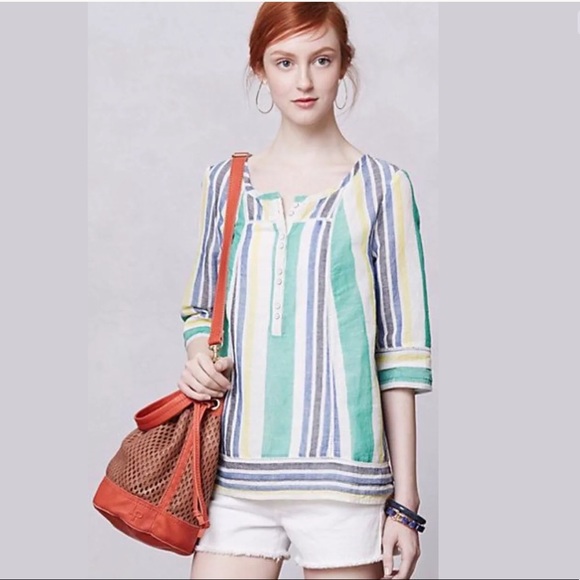 Anthropologie Tops - Anthro MERMAID Striped Linen Blouse Popover Peasant Top Shirt Blue Green Yellow